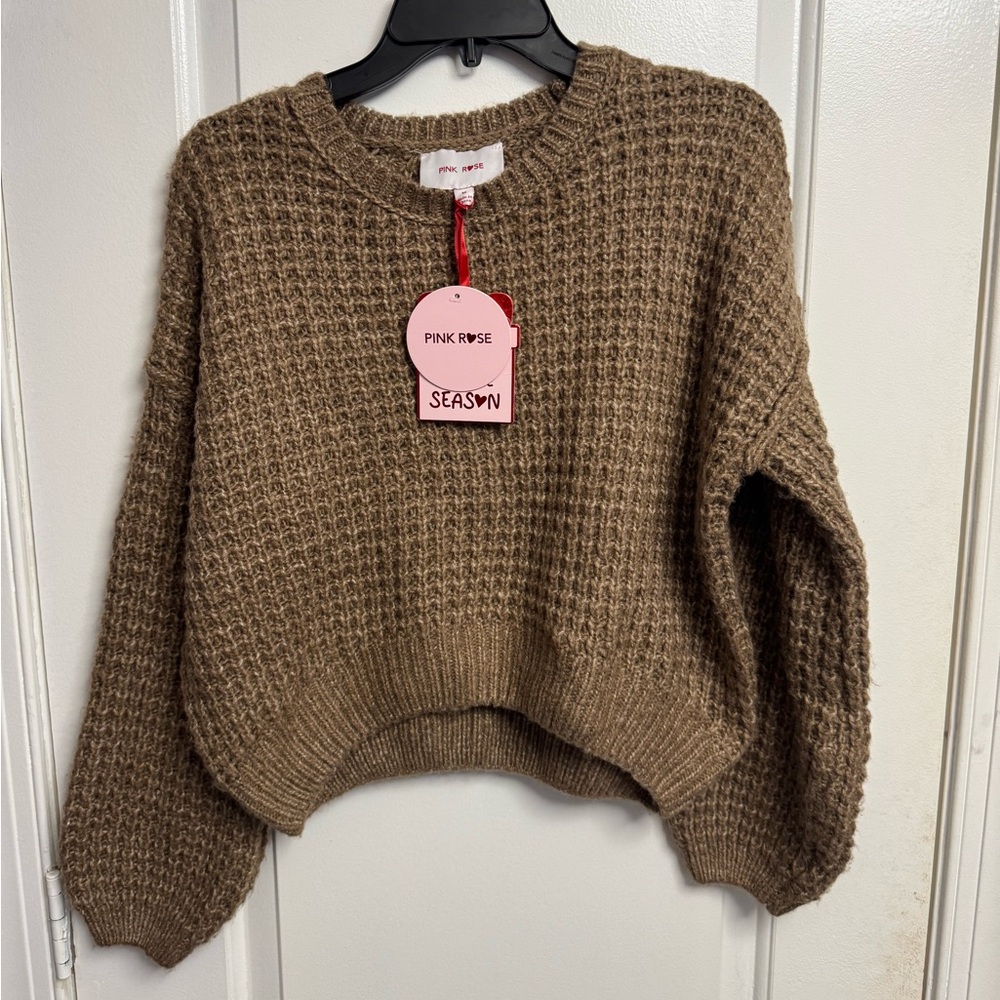 Pink Rose Brown Crew Neck Sweater with Textured Knit